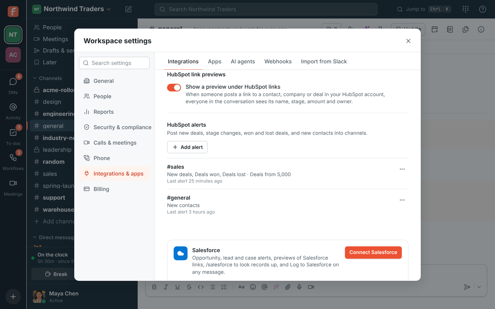Workspace settings, Integrations, CRM: HubSpot connected to northwind.example, link previews on, and two alerts