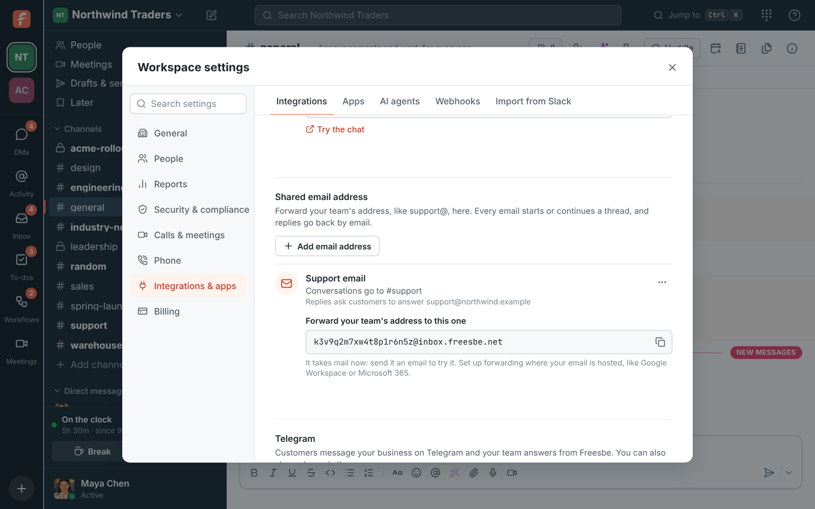 Workspace settings, Integrations, Customer inbox: the Support email inbox going to #support, with the address to forward support@northwind.example to