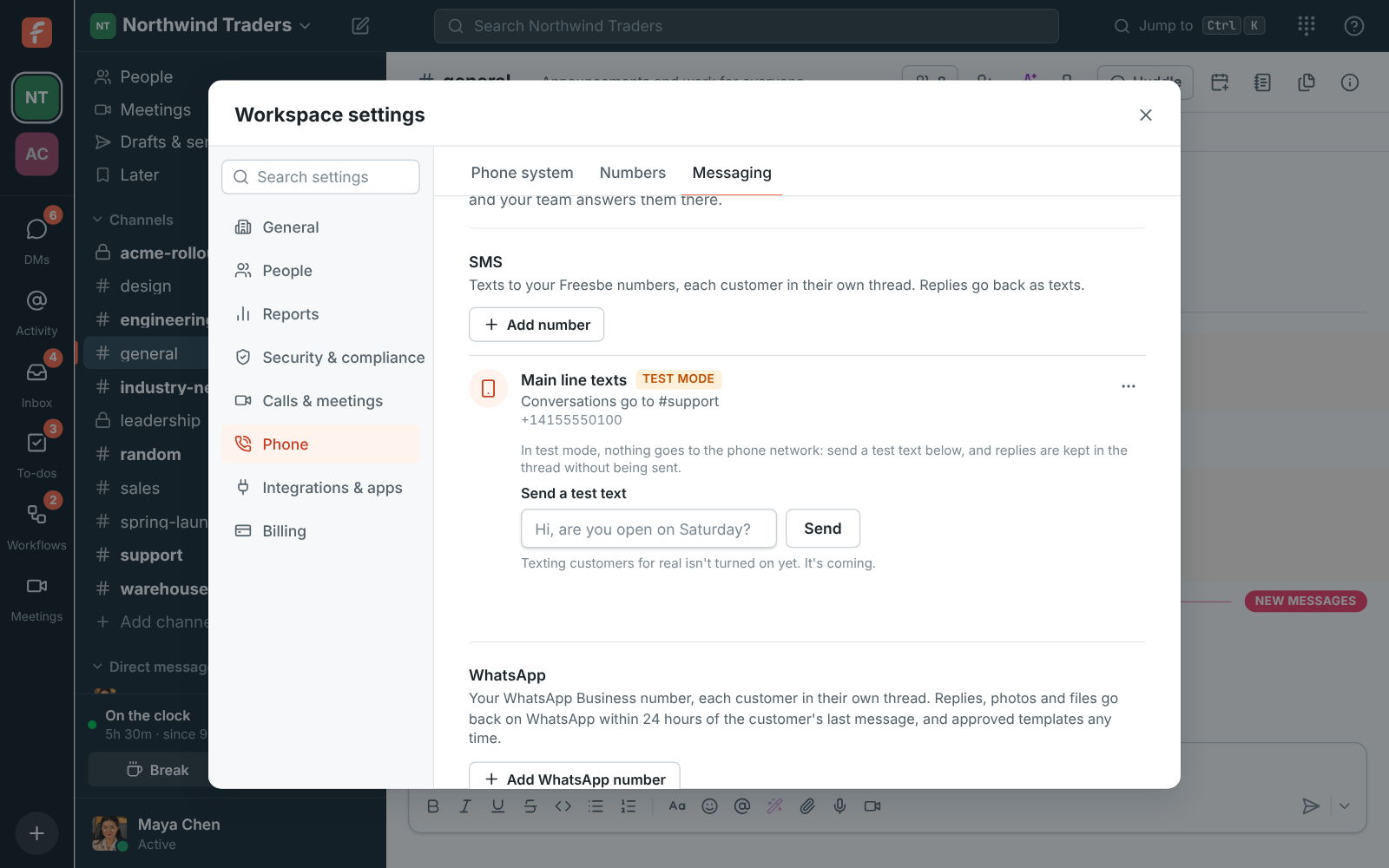 Workspace settings, Phone, Messaging: the Main line texts inbox in test mode, going to #support, with Send a test text