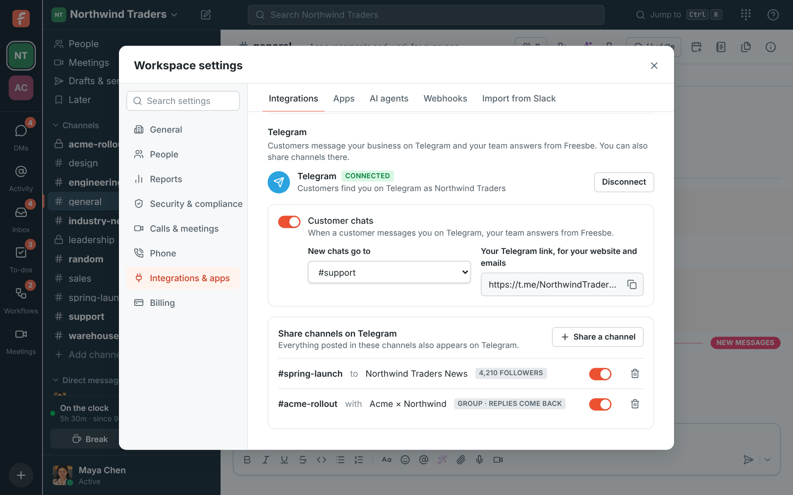 Customer inbox, Telegram connected as Northwind Traders: customer chats going to #support with the Telegram link, and #spring-launch and #acme-rollout shared on Telegram