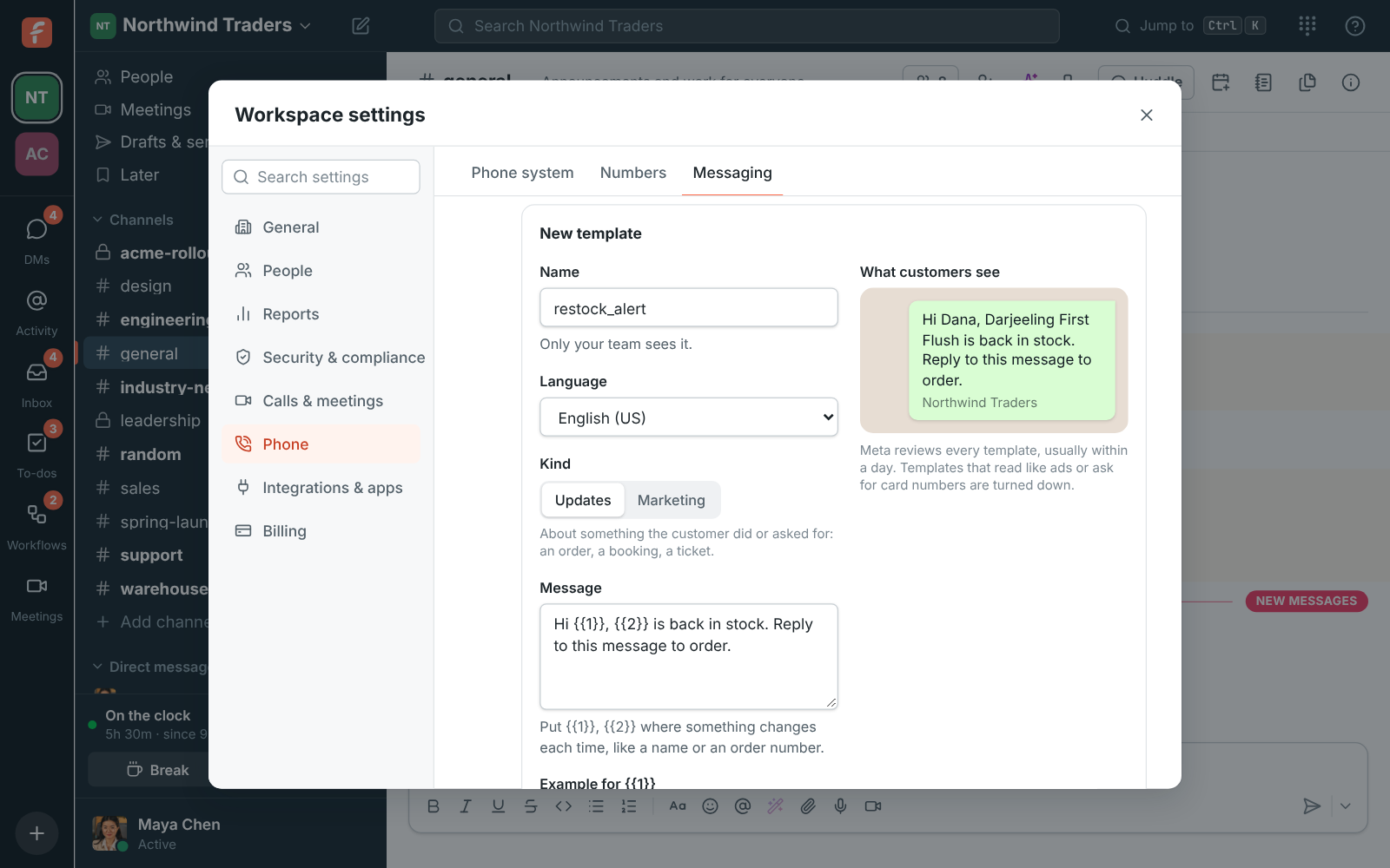 Phone, Messaging: a new restock_alert template with its message, examples and footer, and a preview of what customers see