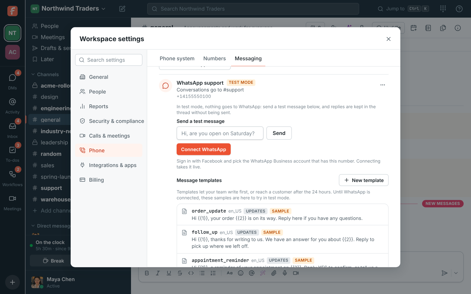 Workspace settings, Phone, Messaging: the WhatsApp support inbox in test mode, going to #support, with Send a test message and Connect WhatsApp
