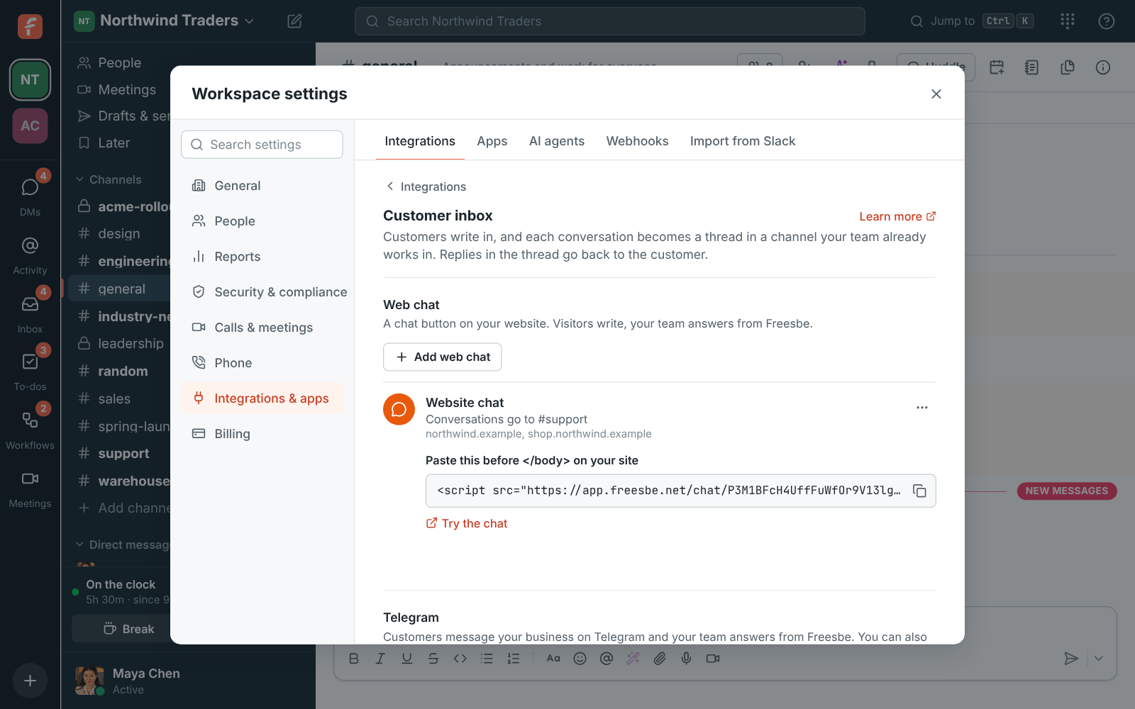 Workspace settings, Integrations, Customer inbox: the Website chat going to #support, with its snippet to copy and Try the chat