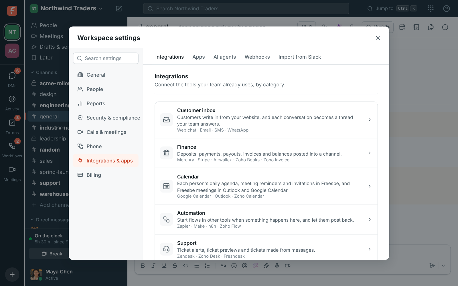 Workspace settings, Integrations: the Finance category with Mercury, Stripe and Airwallex, and the Calendar category with Google Calendar and Outlook