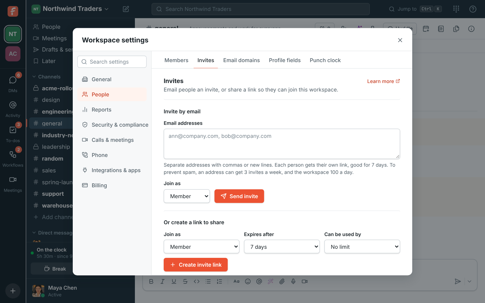 Workspace settings, Invites: invite by email or create a shareable link