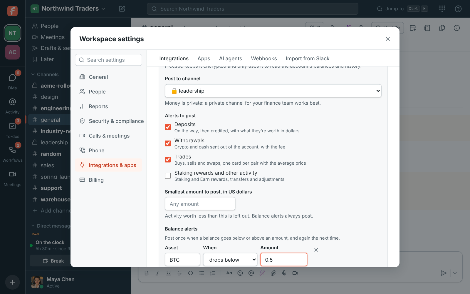 Connect Kraken: the API key and private key, #leadership, deposits, withdrawals and trades, a BTC balance alert and a 9 AM summary
