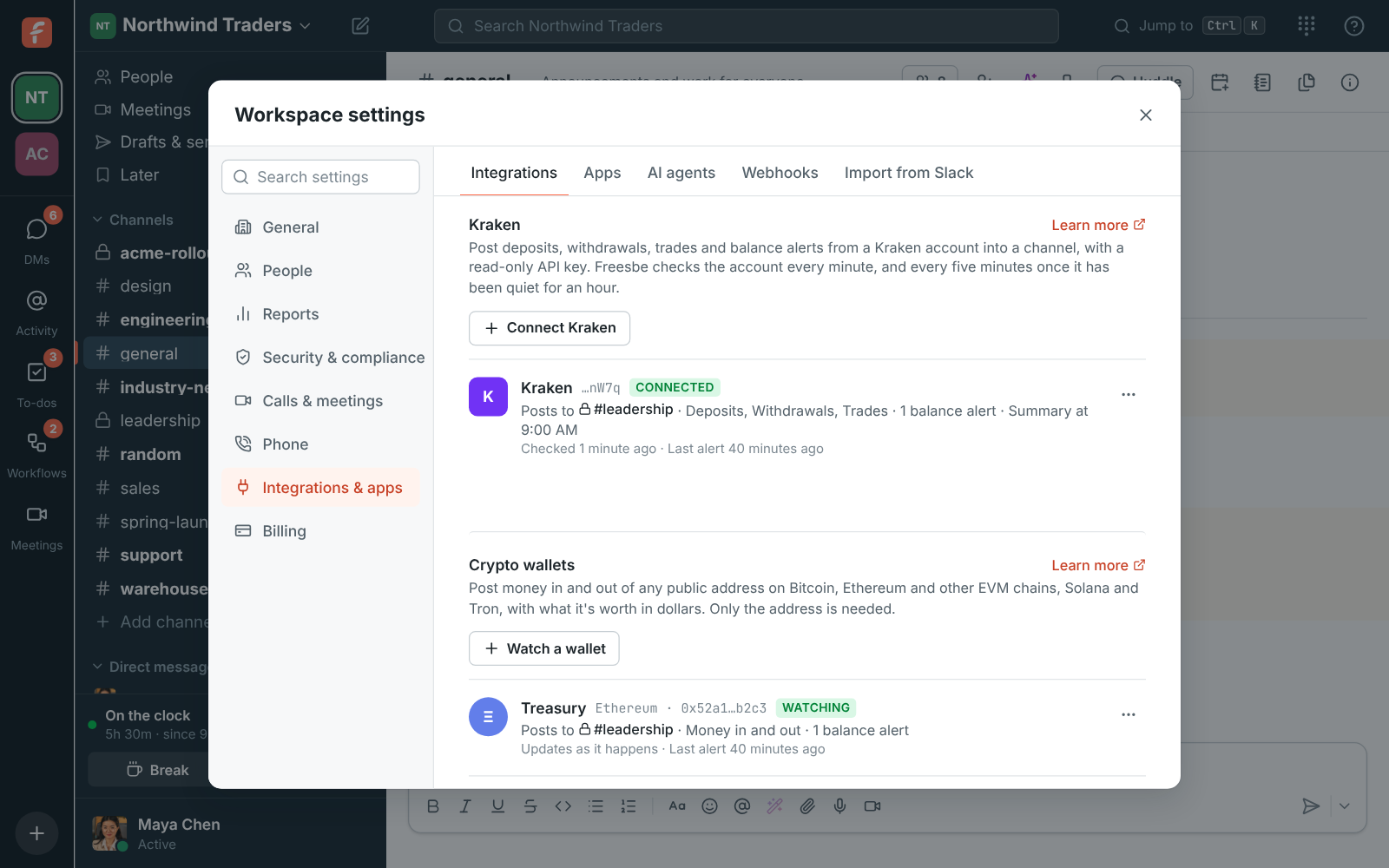 Workspace settings, Integrations, Finance: Kraken posting to #leadership, checked a minute ago, with a USDC balance alert and a 9 AM summary