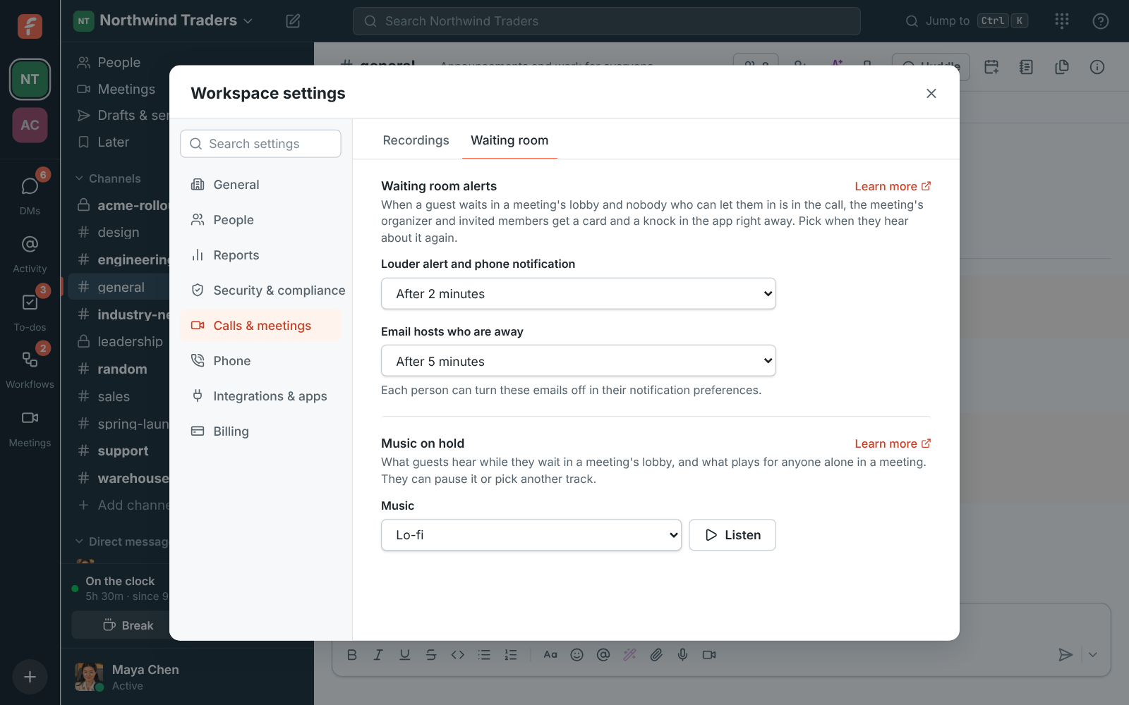 Workspace settings, Waiting room alerts: the louder alert after 2 minutes and the email after 5 minutes