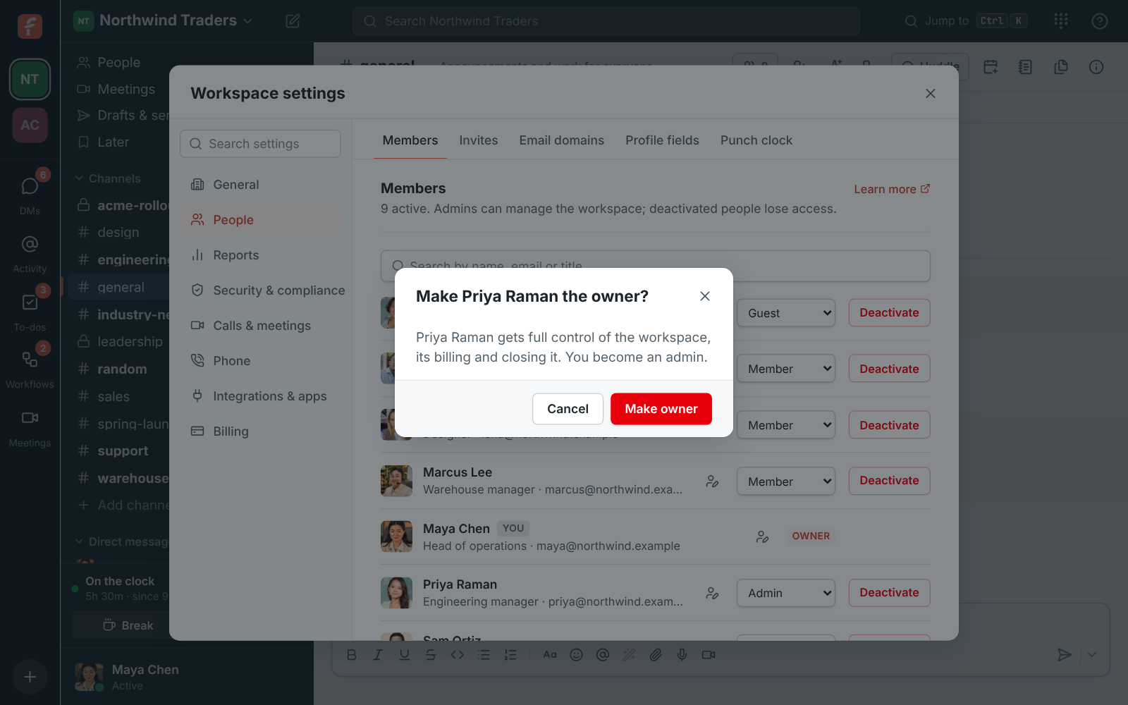 Workspace settings, Members: Make Priya Raman the owner? Priya gets full control of the workspace and you become an admin