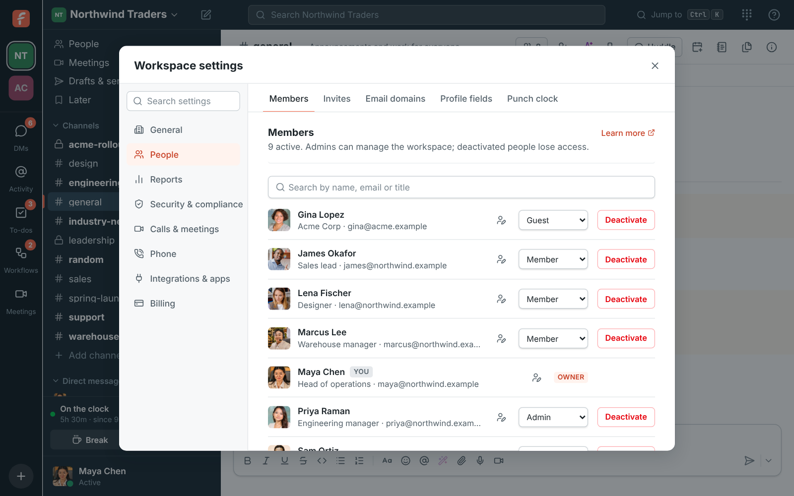 Workspace settings, Members: edit profiles, change roles or deactivate people