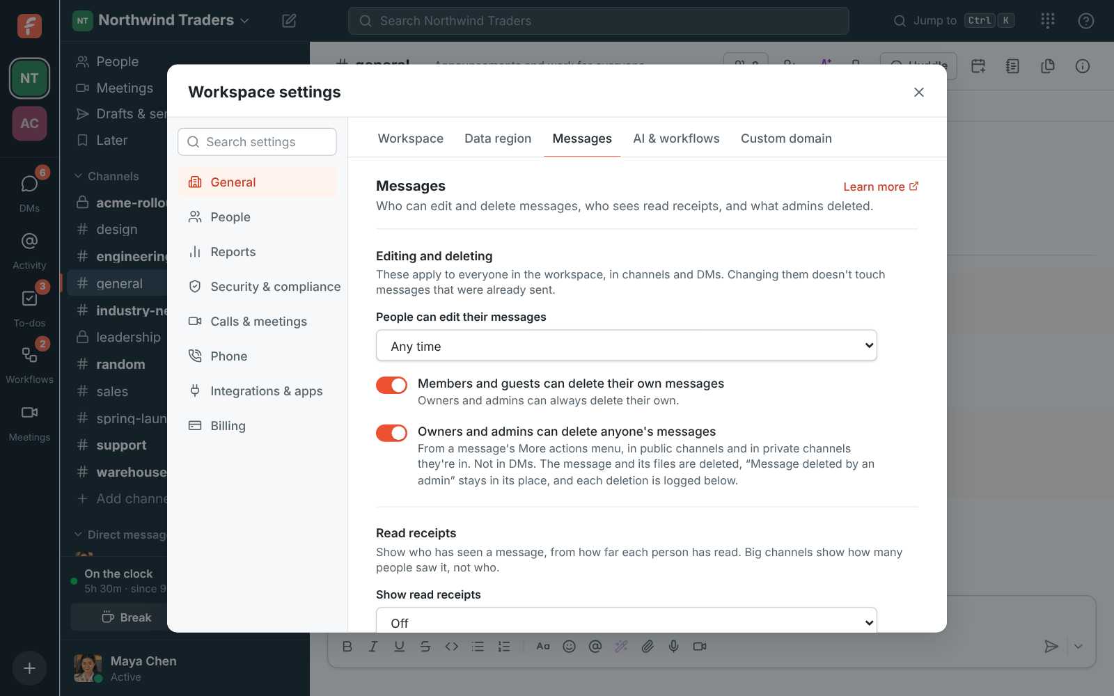 Workspace settings, Messages: the editing and deleting settings and the Deleted by admins log