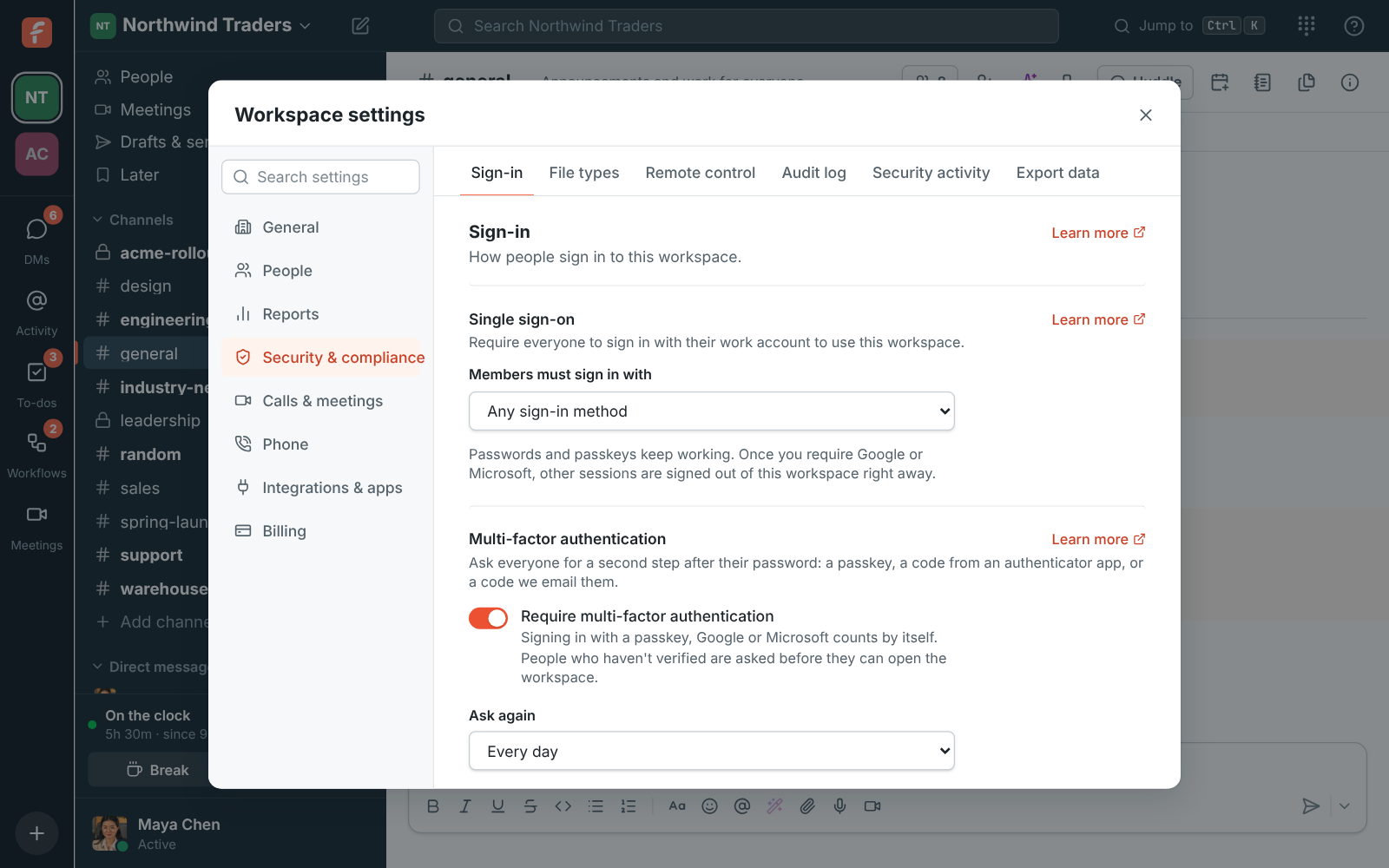 Workspace settings with Require multi-factor authentication on and Ask again set to Every day