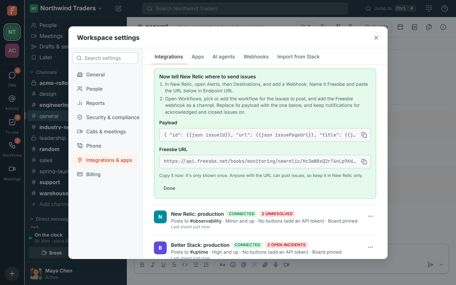 Connecting New Relic: the steps, the Freesbe URL and the payload to paste in a New Relic workflow