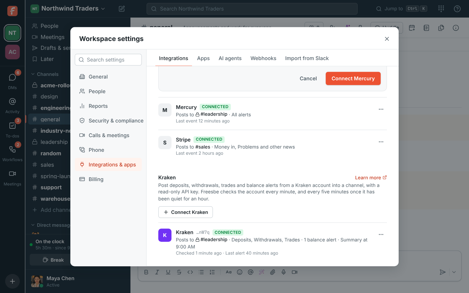 Connect Mercury: the API token, the channel, the kinds of alerts and a $500 minimum