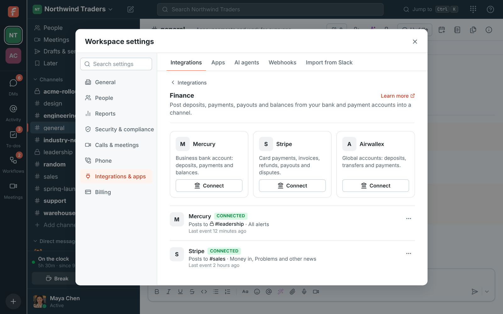 Workspace settings, Integrations, Finance: Mercury posting to #leadership and Stripe posting to #sales
