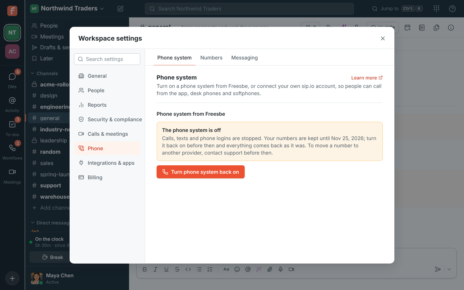 Workspace settings, Phone system: the phone system is off and its numbers are kept until a date