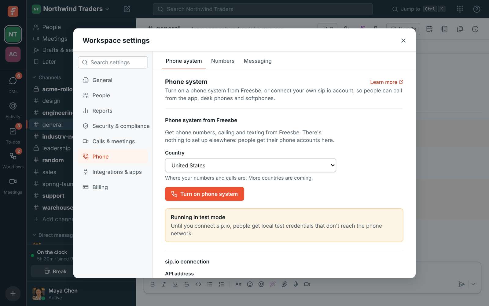 Workspace settings, Phone system: pick the country and turn on a phone system from Freesbe