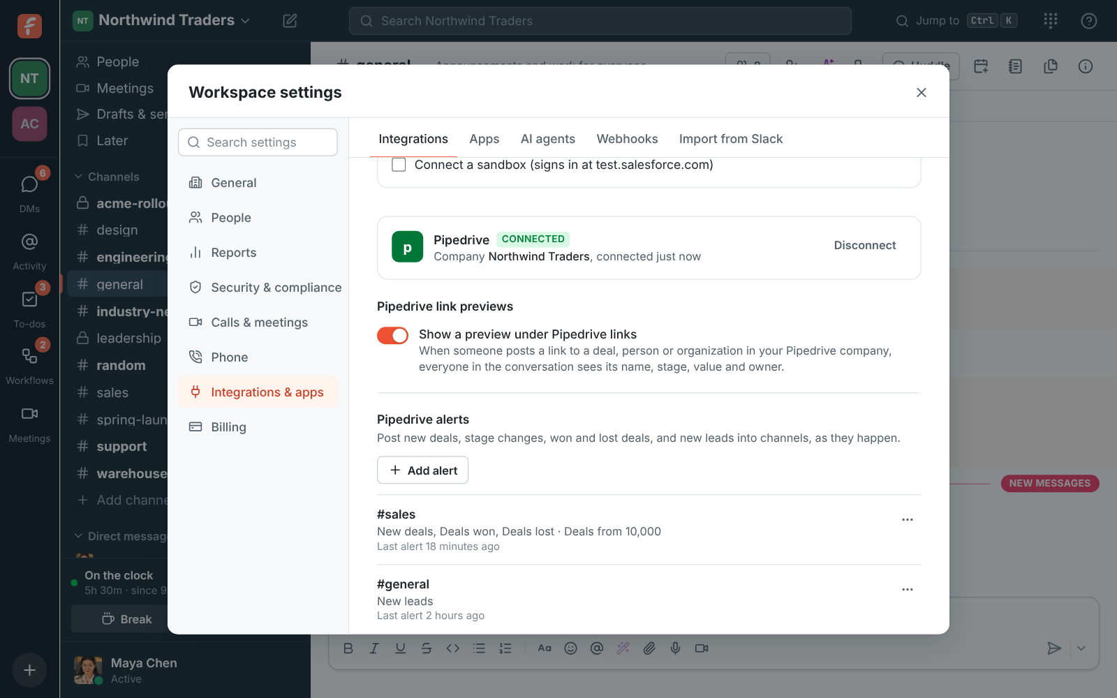 Workspace settings, Integrations, CRM: Pipedrive connected to the Northwind Traders company, link previews on, and two alerts