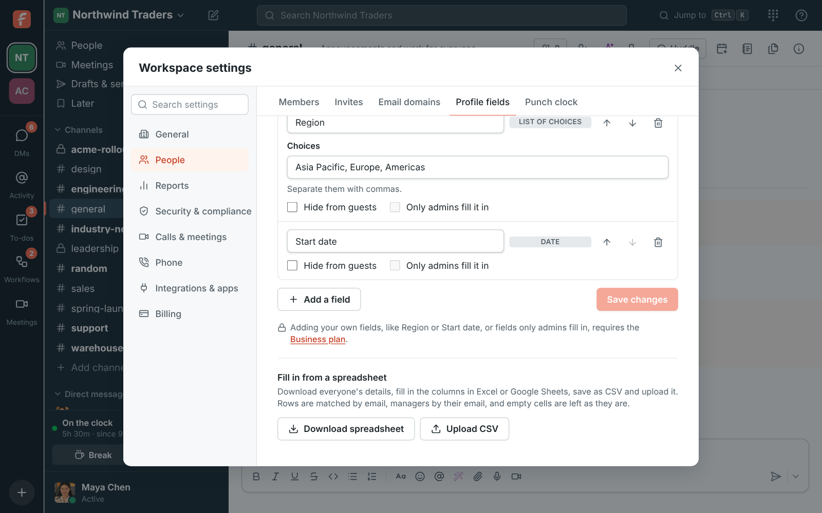 Profile fields on the Free plan: adding your own fields or admin-only fields requires the Business plan, with a link to upgrade