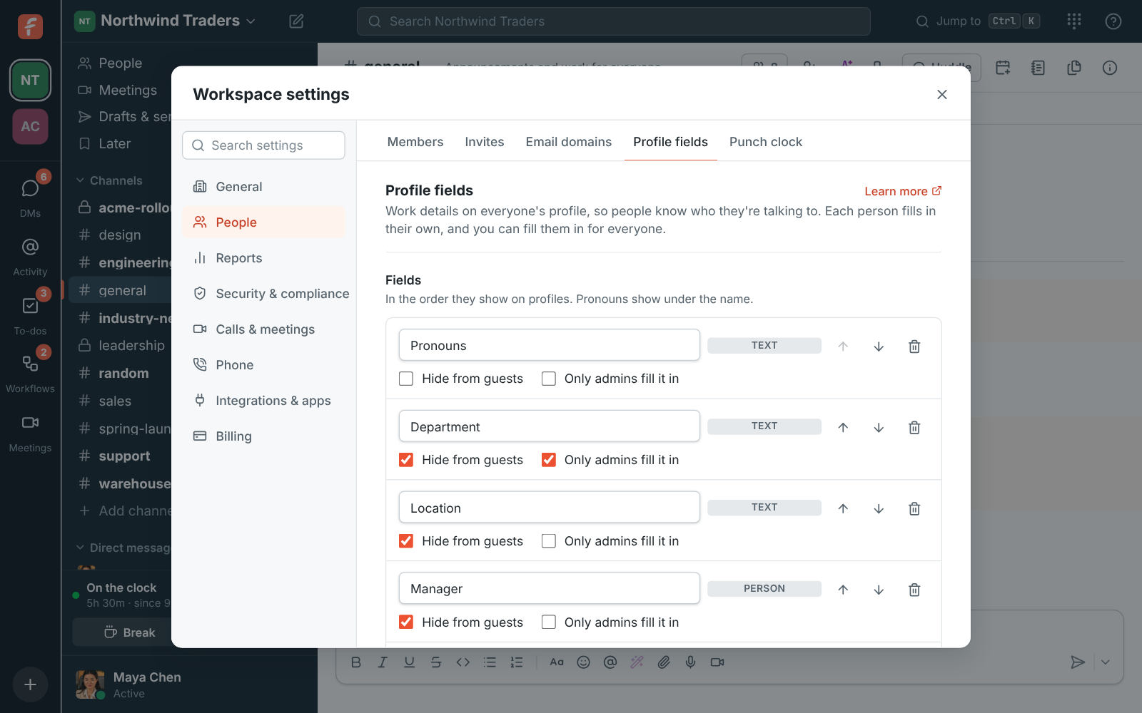 Workspace settings, Profile fields: pronouns, department (only admins fill it in), location, manager, phone, and Northwind’s own Region and Start date