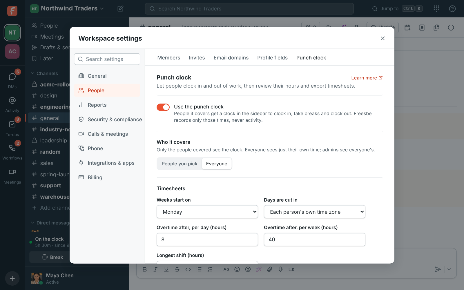 Workspace settings, Punch clock: who it covers, week start, time zone and overtime