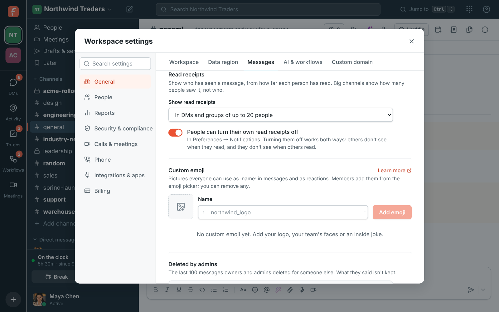 Workspace settings, Messages: Read receipts shown in DMs and groups of up to 20 people, and people can turn their own off