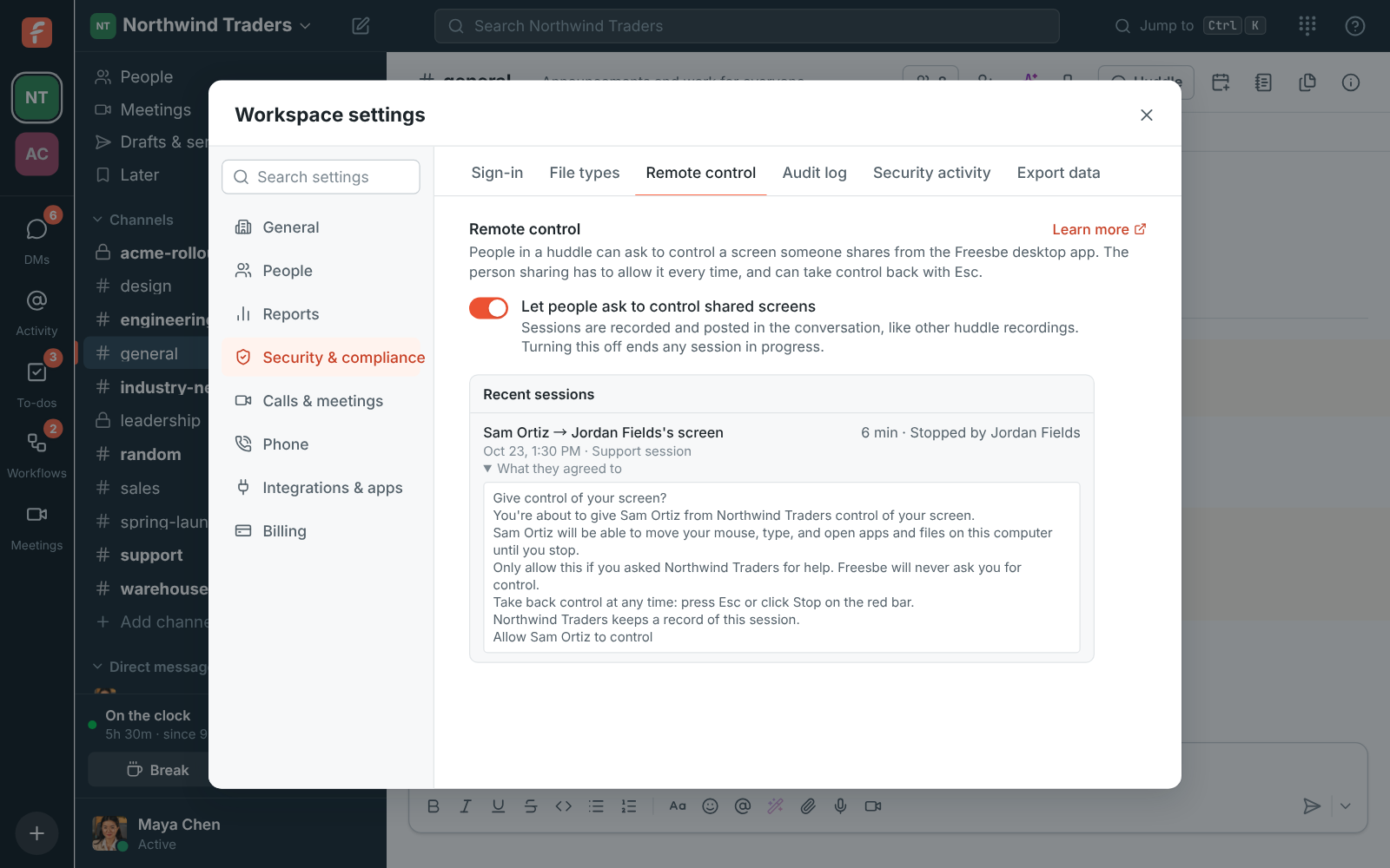 Recent sessions in Workspace settings: Sam Ortiz → Jordan Fields’s screen, a support session, with What they agreed to open showing the consent text
