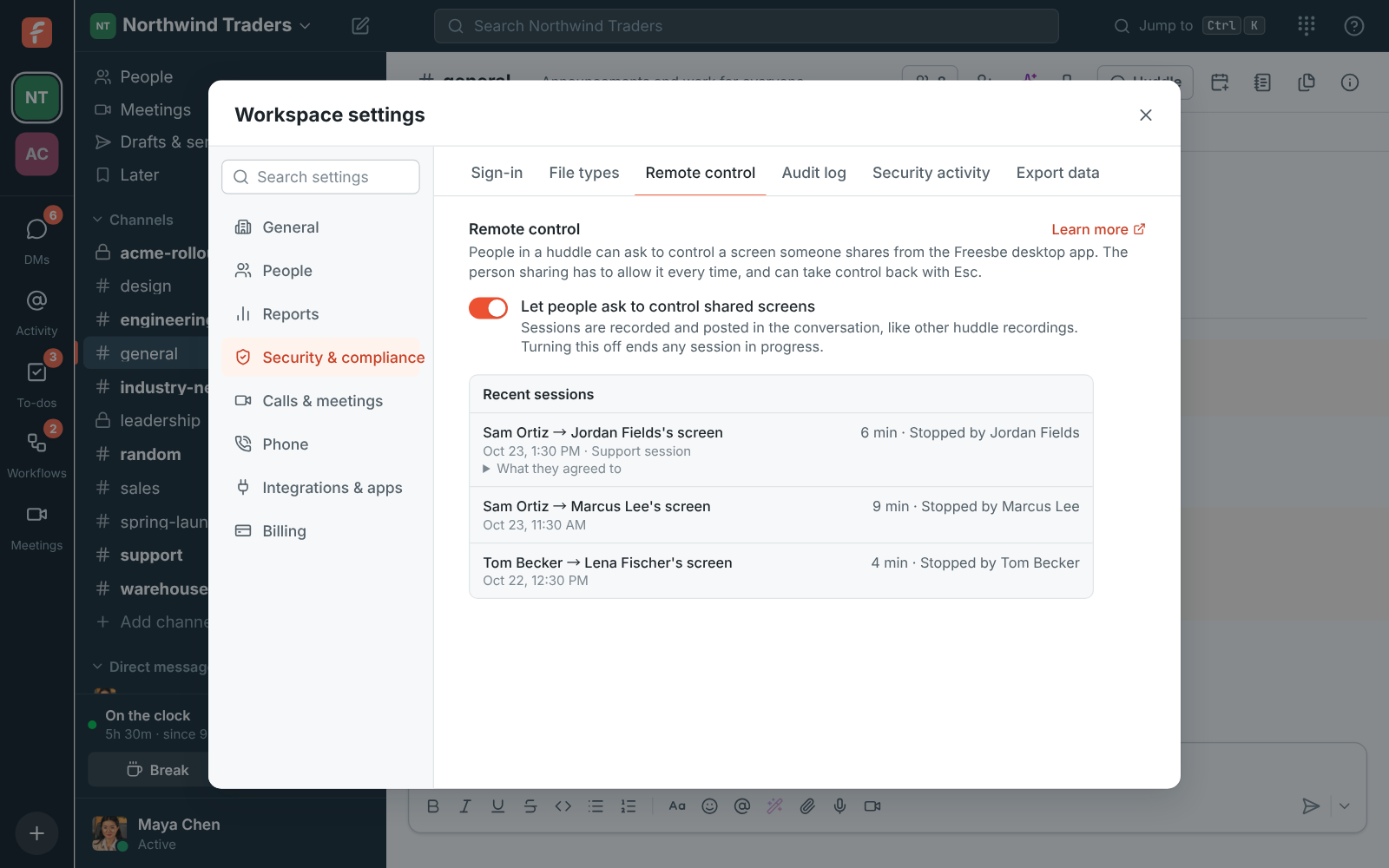 Workspace settings: the Remote control switch and the Recent sessions log