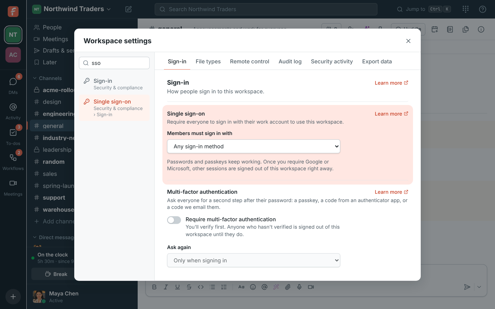 Workspace settings after picking Single sign-on: Security & compliance, the Sign-in tab, with Single sign-on highlighted