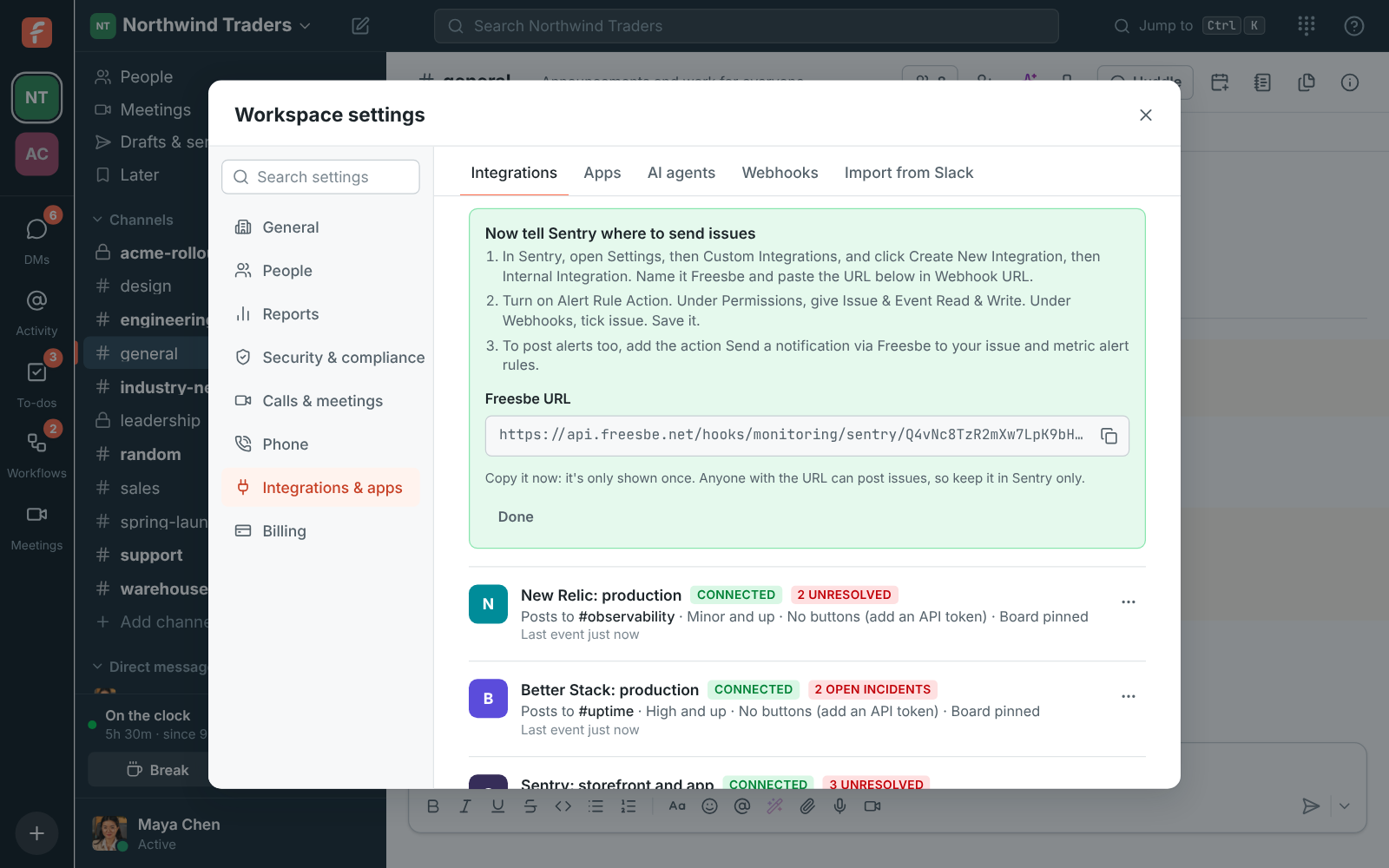 Connecting Sentry: the steps and the Freesbe URL to paste in a Sentry internal integration