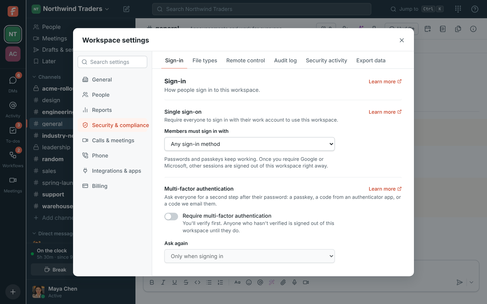 Workspace settings, Single sign-on: Members must sign in with