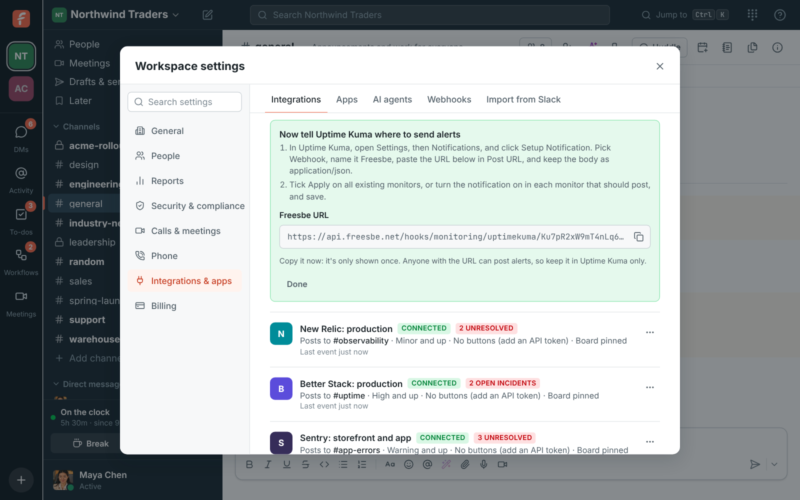 Connecting Uptime Kuma: the steps and the Freesbe URL to paste in a webhook notification