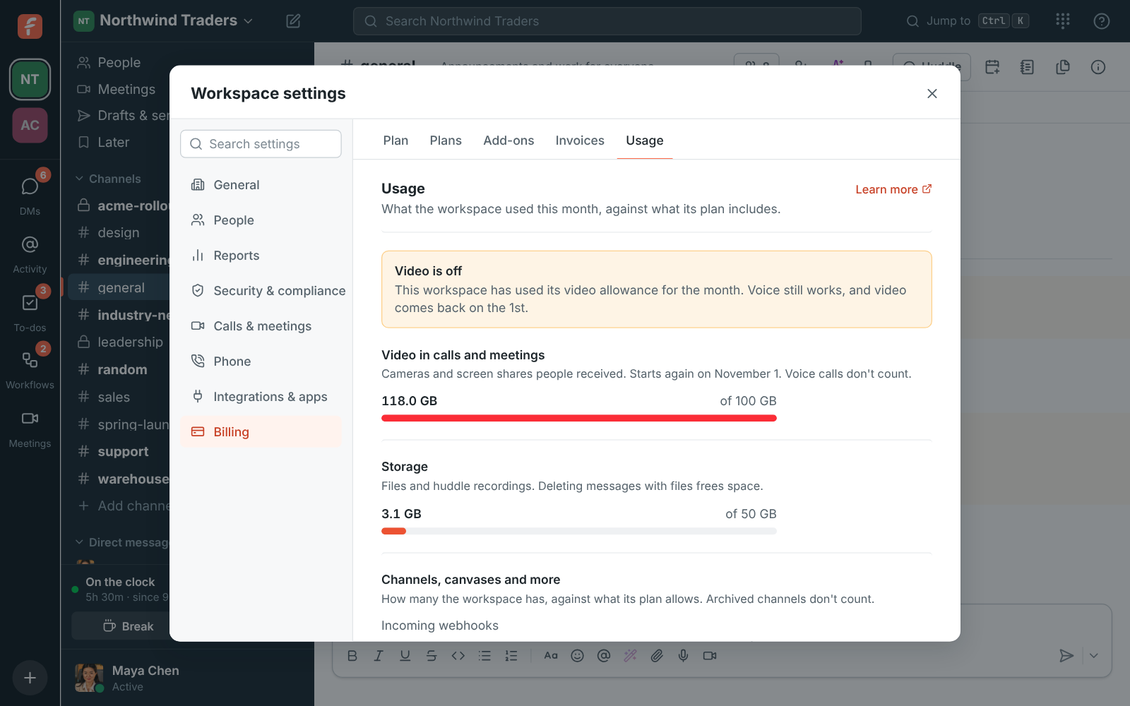Workspace settings, Usage: video against the monthly allowance, and storage
