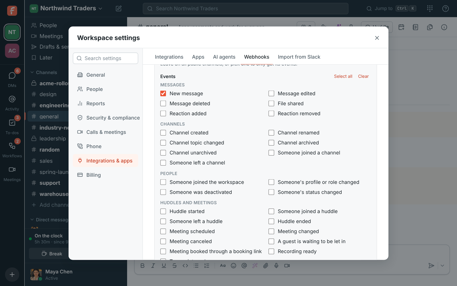 The outgoing webhook form, with its events in groups