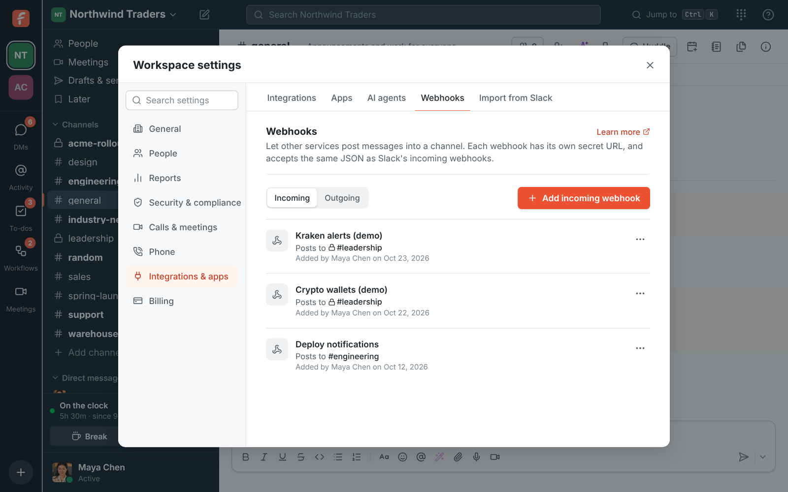 Workspace settings, Webhooks: an incoming webhook that posts to #engineering