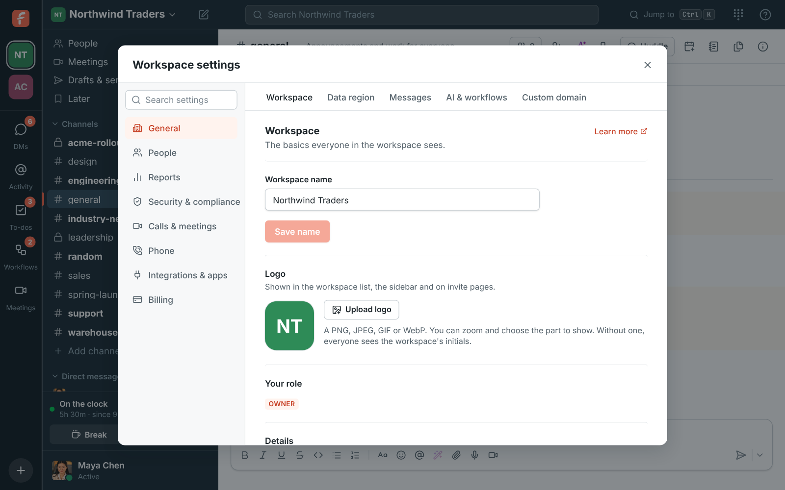 Workspace settings, General: the Workspace tab with the name and logo