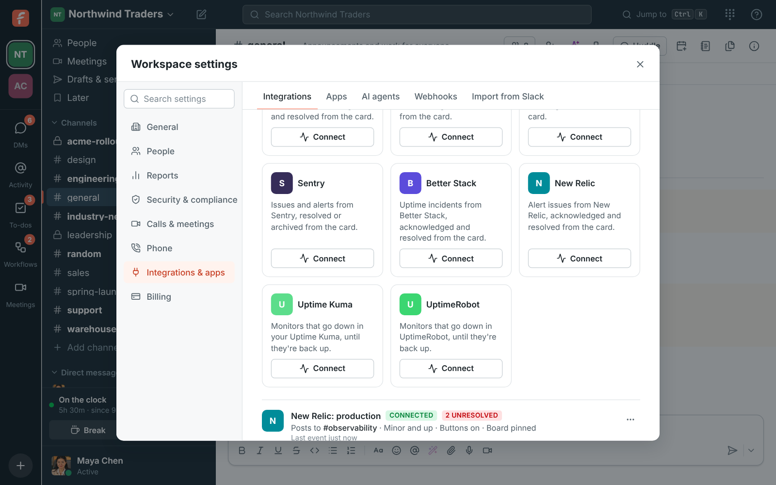 Workspace settings, Integrations, Monitoring: Warehouse Zabbix posting to #ops-alerts, Warning and up, with one open problem