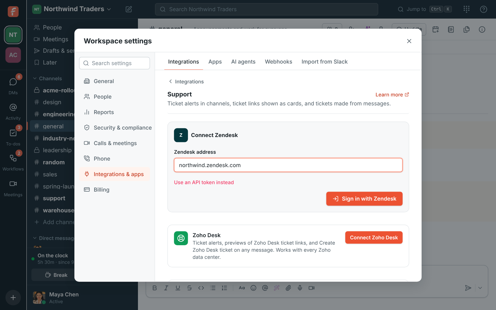 Workspace settings, Integrations, Support: connect Zendesk with the address northwind.zendesk.com