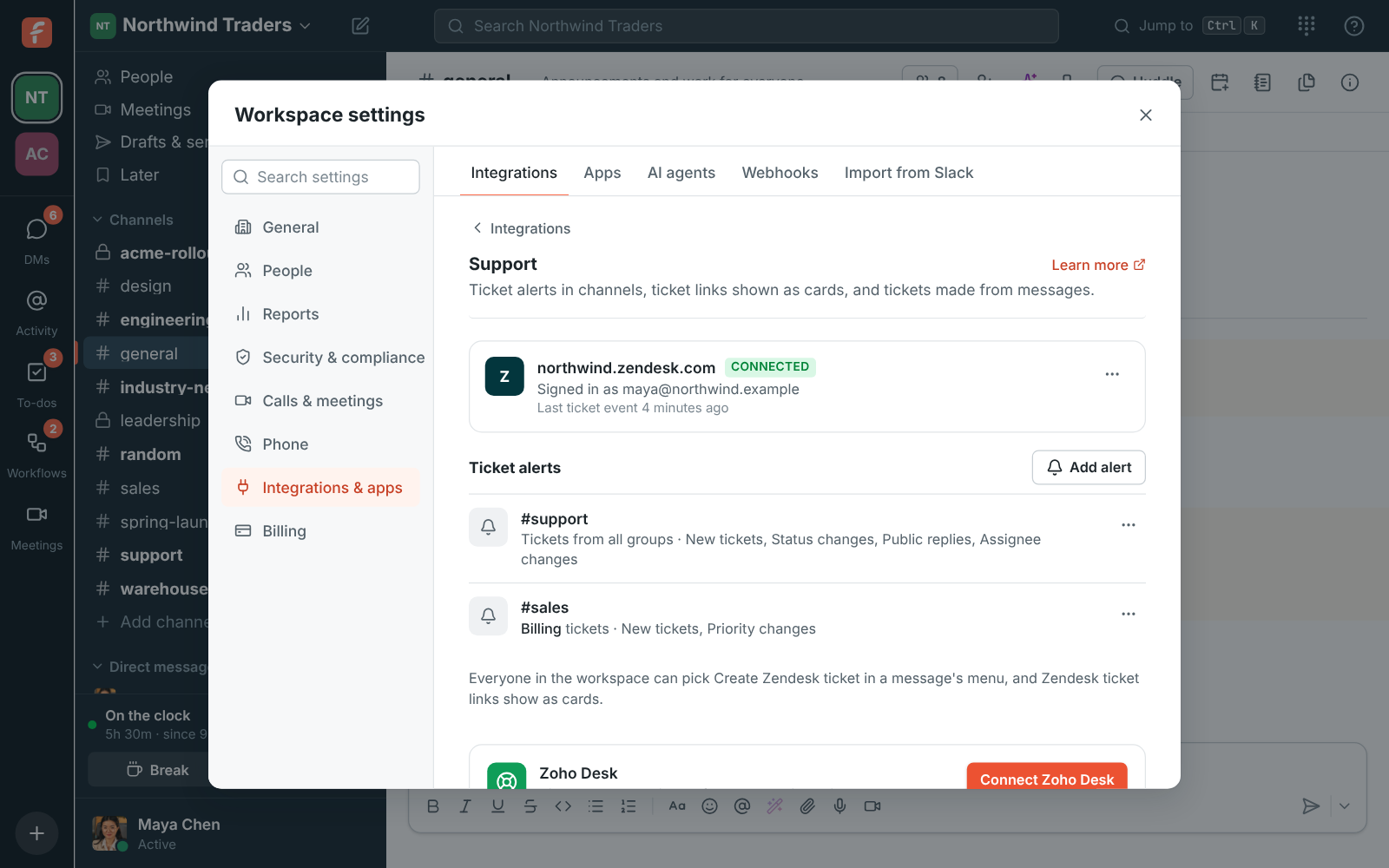 Workspace settings, Integrations, Support: Zendesk connected, with alerts posting to #support and Billing tickets posting to #sales