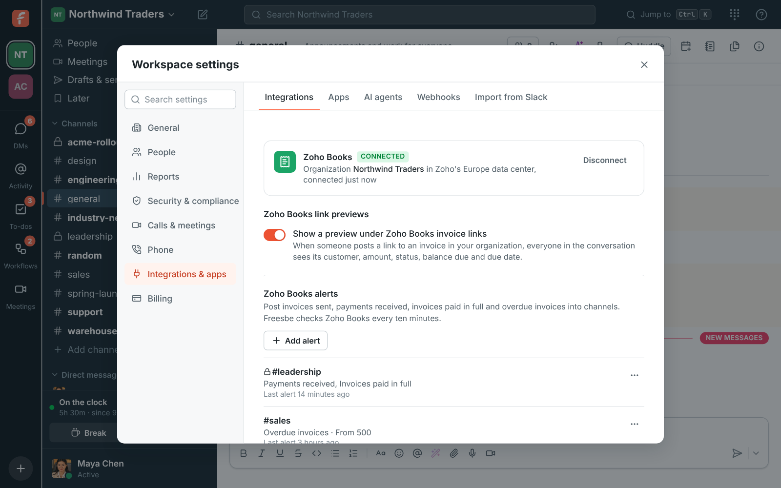 Workspace settings, Integrations, Finance: Zoho Books connected to the Northwind Traders organization in Zoho’s Europe data center, with link previews on
