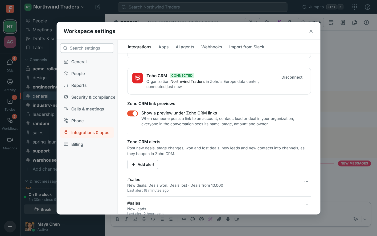 Workspace settings, Integrations, CRM: Zoho CRM connected to the Northwind Traders organization in Zoho’s Europe data center, link previews on, and two alerts
