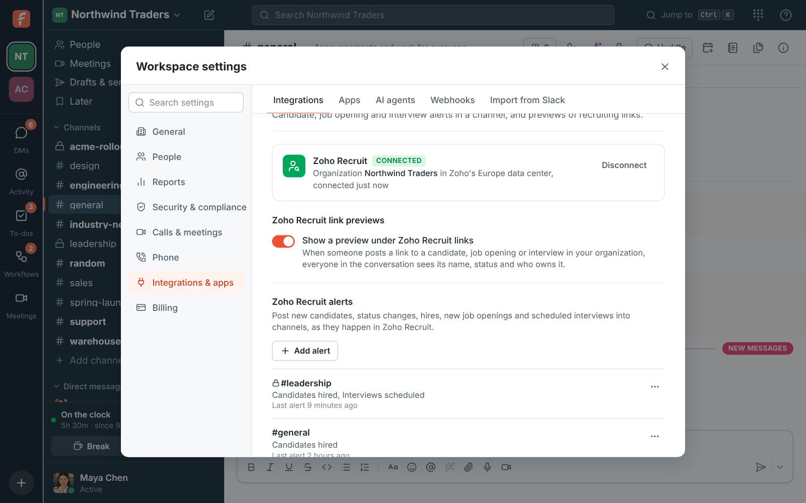 Workspace settings, Integrations, Recruiting: Zoho Recruit connected to the Northwind Traders organization in Zoho’s Europe data center, link previews on, and an alert