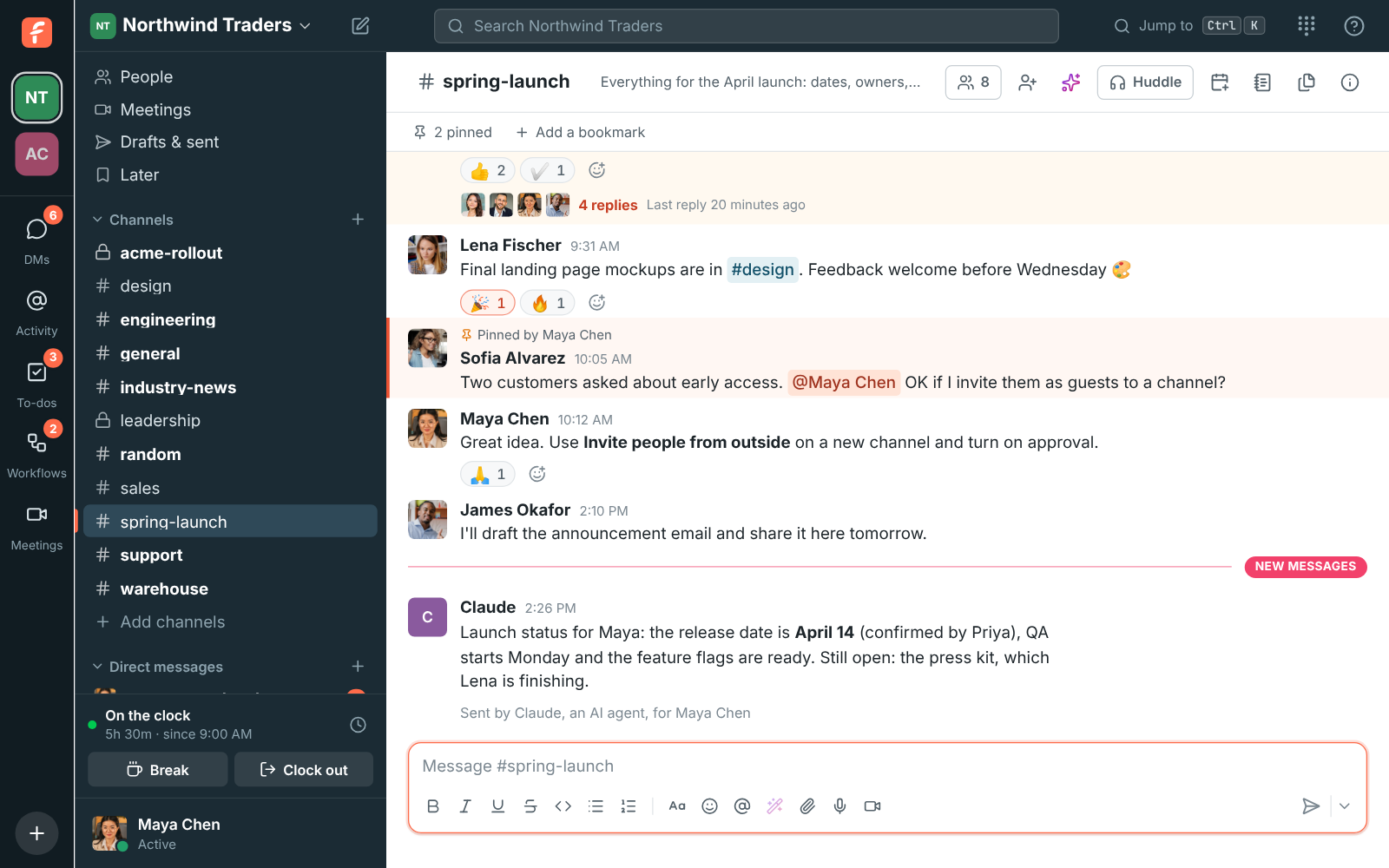 A message in #spring-launch posted by Claude, with “Sent by Claude, an AI agent, for Maya Chen” under it