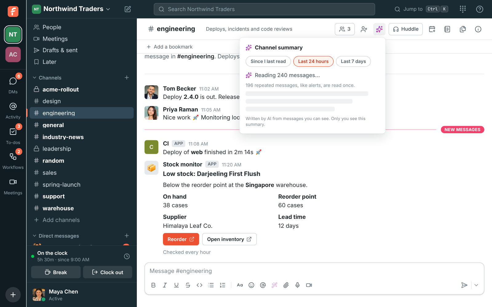 The channel summary of #engineering starting: Reading 240 messages, with 196 repeated messages like alerts read once