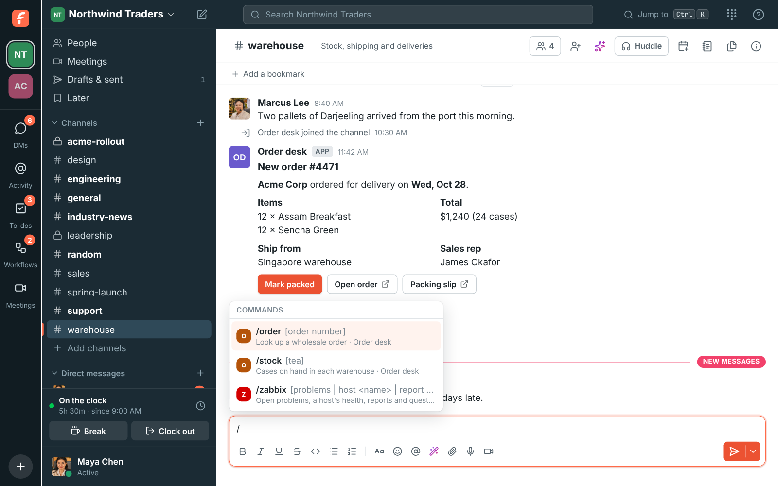 Typing / in the message box: Order desk’s /order and /stock commands