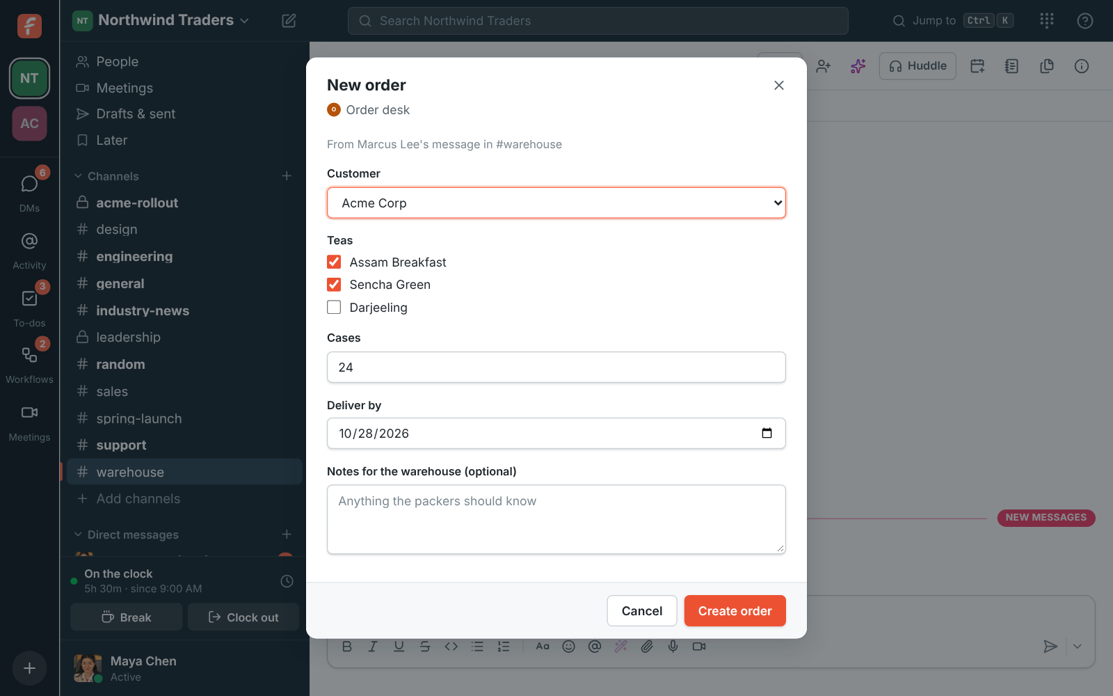 A New order dialog from Order desk asking for the customer, tea and number of cases