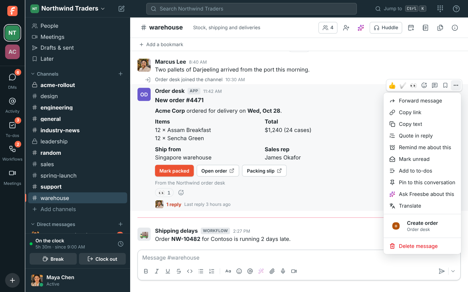 A message’s ⋯ menu with Order desk’s Create order action