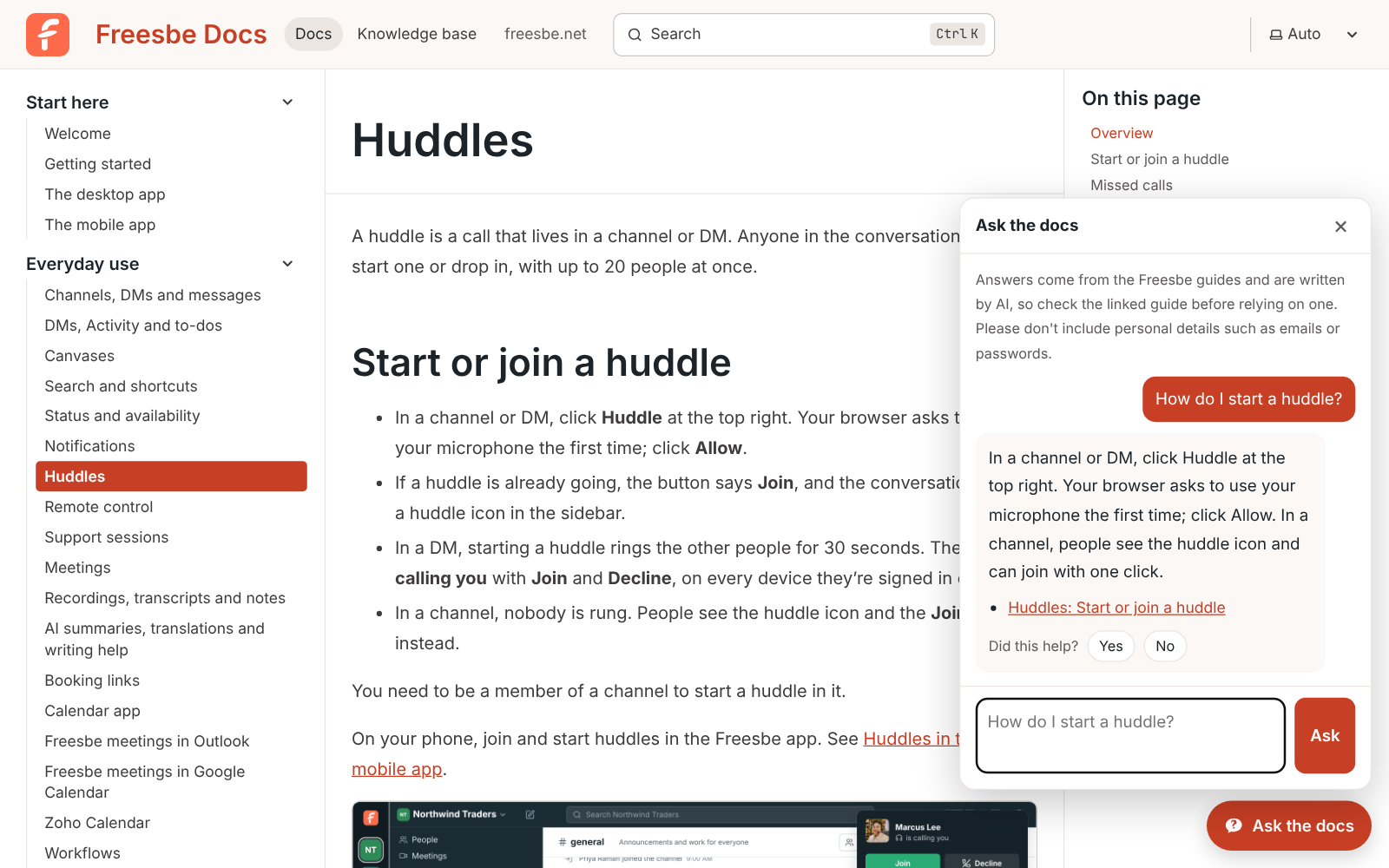 The Ask the docs panel open on the Huddles guide, answering how to start a huddle with a link to the guide
