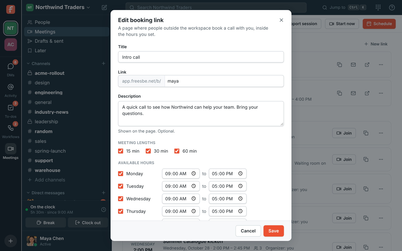 The New booking link dialog: title, link name, description, meeting lengths and available hours for each day