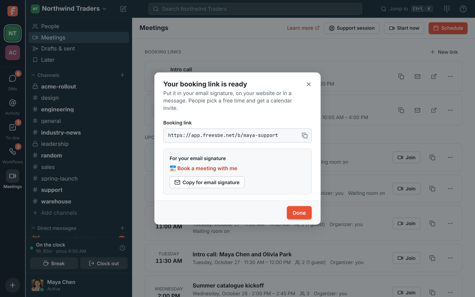 Your booking link is ready: the link with a copy button, and a Book a meeting with me line with a Copy for email signature button